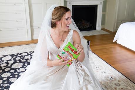 York Wedding Photographers bride eating haribo