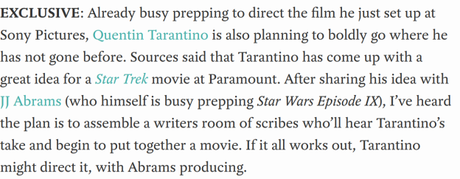Quentin Tarantino. Star Trek. Quentin Tarantino. Star Trek. Tarantino. Trek. Nope. They Just Don’t Go Together.