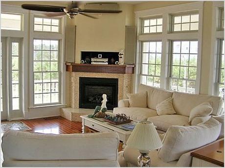 living room design with corner fireplace