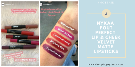 5 Nykaa Pout Perfect Lip & Cheek Velvet Matte Crayon Swatches - Nude Me Not, Kiss n Tell Pink, Call Me Red Darling, Brick me Red, Please Plum Me