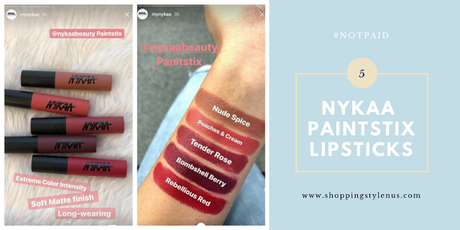 5 Nykaa Painstix Lipsticks Swatches - Nude Spice, Peaches & Cream, Tender Rose, Bombshell Berry, Rebellious Red
