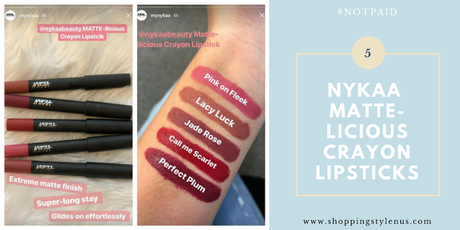 5 Nykaa MATTE-Licious Crayon Lipsticks Swatches - Pink on Fleek, Lacy Luck, Jade Rose, Call Me Scarlet, Perfect Plum