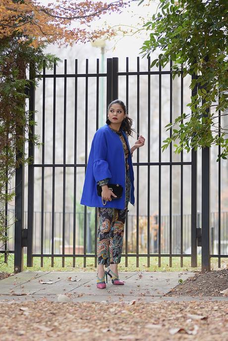 how to wear paisley in winter, pajama wear, coordinates pant and trousers, fashion, street style, blue bell sleevs coat, feather earrings, chevron printed heels, dark lips, gucci marmont bag 