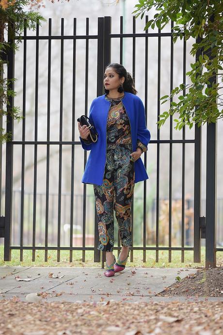 how to wear paisley in winter, pajama wear, coordinates pant and trousers, fashion, street style, blue bell sleevs coat, feather earrings, chevron printed heels, dark lips, gucci marmont bag 