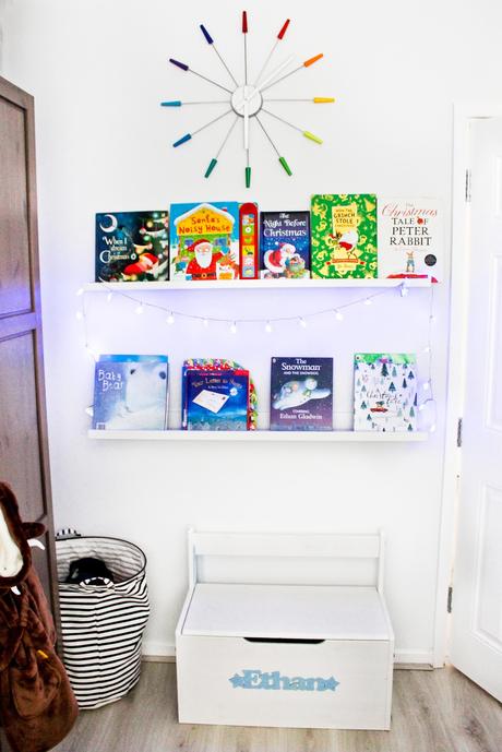 christmas home decor tour, kids christmas books, kids christmas bookshelf