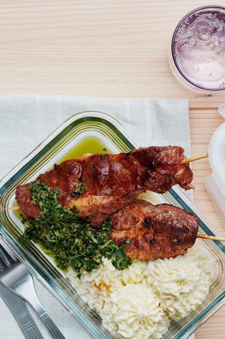 Keto pork skewers with mash and salsa verde