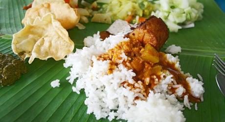 Southeast Asian street food: a banana leaf rice in Malaysia
