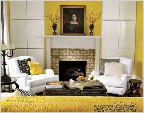 bright yellow living room design with fireplace