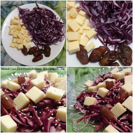 SALADE DE CHOU ROUGE, FROMAGE CHEDDAR ET DATES / DATES, CHEDDAR CHEESE AND RED CABBAGE SALAD / ENSALADA DE REPELLO ROJO, QUESO CHEDDAR Y DÁTILES /سلطة الملفوف الاحمر ، جبن الشيدار و التمر