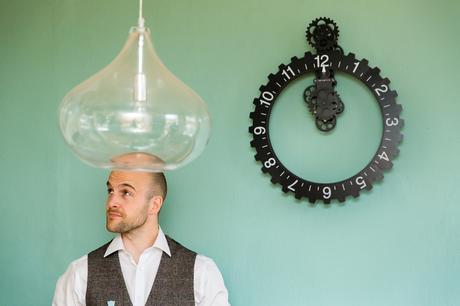 Funny photo of groomsman with lampshade on head wedding in york