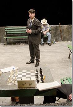 Chess hustlers Cash (Cedric Mays) and John (Mike Cherry) welcome the park’s newest target ‘fish’ Rey Reyes (Raúl Castillo) in Teatro Vista’s Fish Men, written by Cándido Tirado and presented by Goodman Theatre (April 7 – May 6).