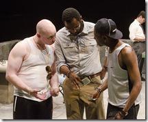  (L to R) Chess hustlers John (Mike Cherry), Cash (Cedric Mays), and PeeWee (Kenn Head) discuss chess strategy in Teatro Vista’s Fish Men, written by Cándido Tirado and presented by Goodman Theatre (April 7 – May 6).