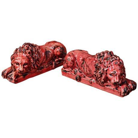 Uttermost Set of 2 Amon Faded Red Ceramic Lions