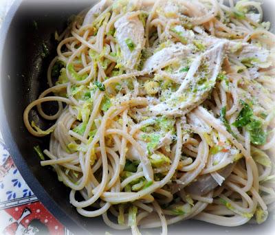 Spaghetti with Roasted Chicken and Shredded Brussels