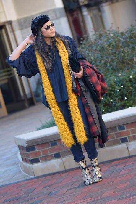 top trends from 2017 that will stay strong in 2018, berets, beret hat, velvet booties, mustard yellow scarf, plaid jacket, sequin booties, gucci marmont bag