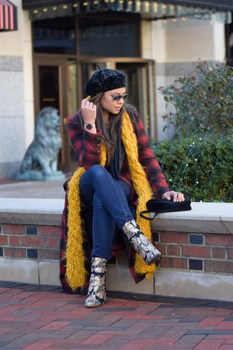 top trends from 2017 that will stay strong in 2018, berets, beret hat, velvet booties, mustard yellow scarf, plaid jacket, sequin booties, gucci marmont bag