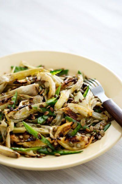 Roasted fennel with lemon and sugar snaps