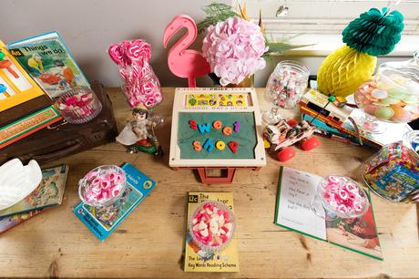 Quirky and fun wedding details with flamingos and children's toys 