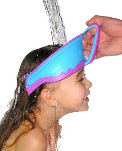 Image: Lil Rinser Splashguard | soft rim contours fit smoothly yet snuggly against a child's head | channels water and soap away from sensitive areas
