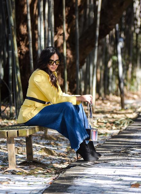 LAYERING 101- essentials you need to bundle up in style, winter layering, winter outfit, wide leg jeans, yellow double breatsed blazer, metallic stretch belt, pinty toe sock boots, colorblock coat, myriad musings , saumya shiohare 6