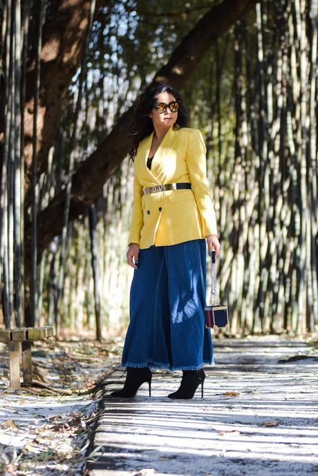 LAYERING 101- essentials you need to bundle up in style, winter layering, winter outfit, wide leg jeans, yellow double breatsed blazer, metallic stretch belt, pinty toe sock boots, colorblock coat, myriad musings , saumya shiohare 6