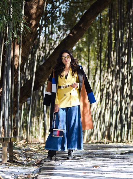 LAYERING 101- essentials you need to bundle up in style, winter layering, winter outfit, wide leg jeans, yellow double breatsed blazer, metallic stretch belt, pOinty toe sock boots, colorblock coat, myriad musings , saumya shiohare 6