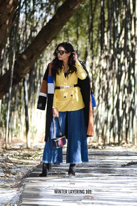 LAYERING 101- essentials you need to bundle up in style, winter layering, winter outfit, wide leg jeans, yellow double breatsed blazer, metallic stretch belt, pinty toe sock boots, colorblock coat, myriad musings , saumya shiohare 6