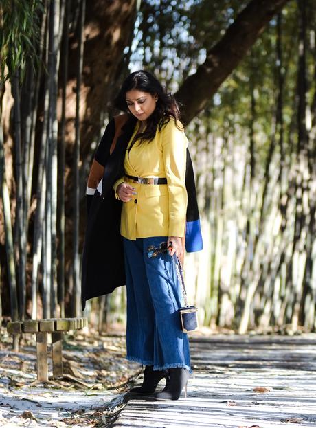 LAYERING 101- essentials you need to bundle up in style, winter layering, winter outfit, wide leg jeans, yellow double breatsed blazer, metallic stretch belt, pinty toe sock boots, colorblock coat, myriad musings , saumya shiohare 6