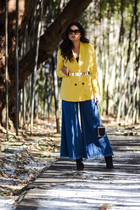 LAYERING 101- essentials you need to bundle up in style, winter layering, winter outfit, wide leg jeans, yellow double breatsed blazer, metallic stretch belt, pinty toe sock boots, colorblock coat, myriad musings , saumya shiohare 6