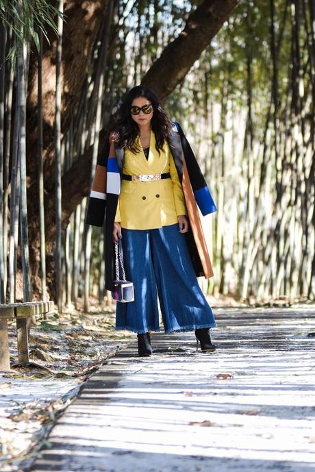 LAYERING 101- essentials you need to bundle up in style, winter layering, winter outfit, wide leg jeans, yellow double breatsed blazer, metallic stretch belt, pinty toe sock boots, colorblock coat, myriad musings , saumya shiohare 6