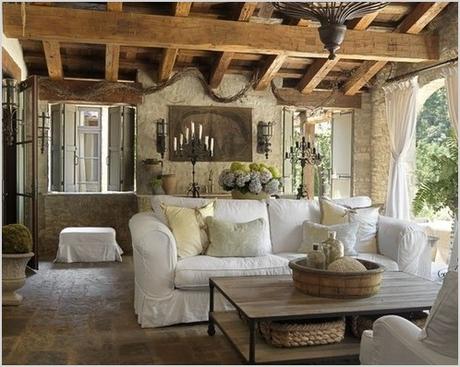 farmhouse living room decorating with striped sofa and natural finish wood floor