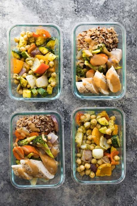 Sheet Pan Meal Prep 2 Ways (again!)- the easiest and most efficient way to prep multiple meal prep lunches at the same time is to use your sheet pans! These pesto chickpea pita pockets and Thai chicken lunch bowls are ready in under 45 minutes and give you two different lunch options to enjoy through the week. #mealprep #sheetpan #sweetpeasandsaffron #lunchbowl #mealprepbowl