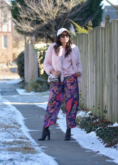 how to wear pinki fur in winter. pantone color 2018, purple, h7M purple pants, gap fur jacket, velvet cap, street style, fashion blogger, myriad musings