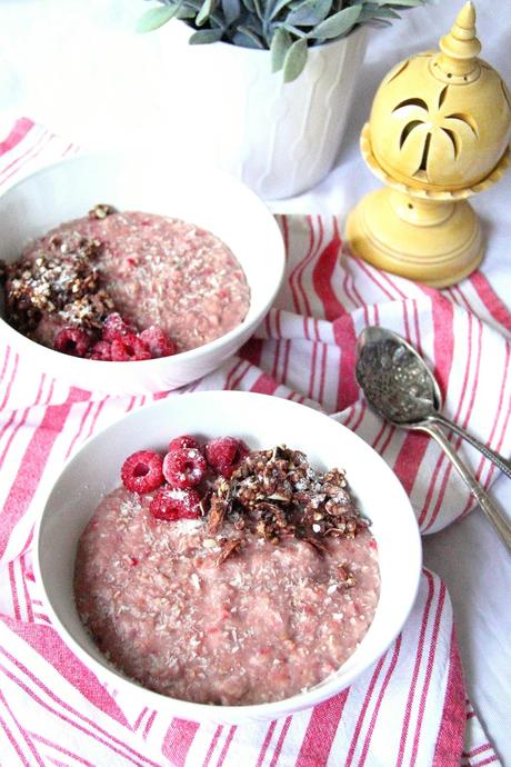 Vegan Raspberry and Coconut Porridge with Raw Gorilla Cacao Crunchies