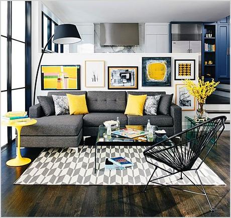 grey living room decor with pops of yellow 1436