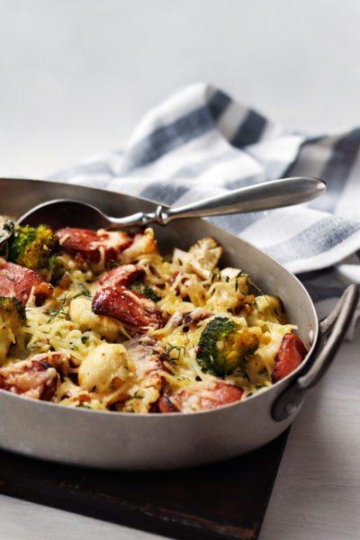 Broccoli and cauliflower gratin with sausage