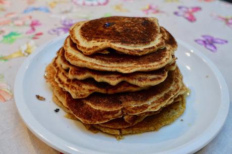 Sourdough Blueberry Vanilla Pancakes made with leftover sourdough starter!