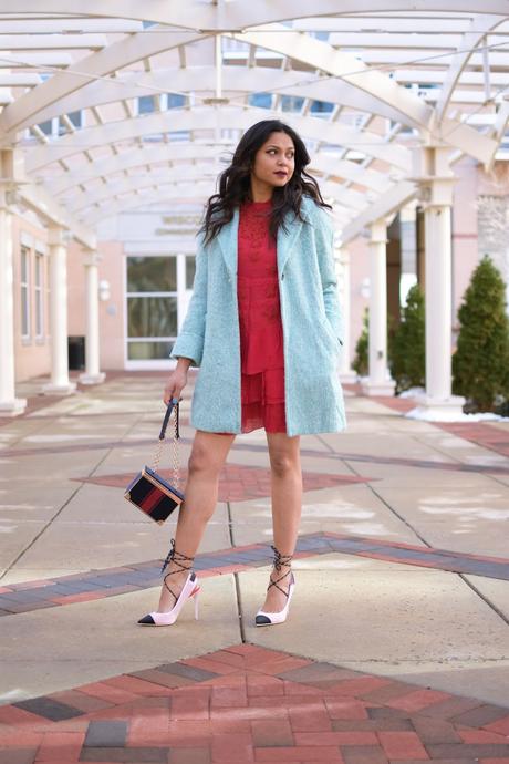 how to wear red in winter, ice blur coat, red lace dress , mini dress, valentines outfit, feminine, street style, fashion, dc blogger, wavy beachy dress, date night casual, dressy, myriad musings