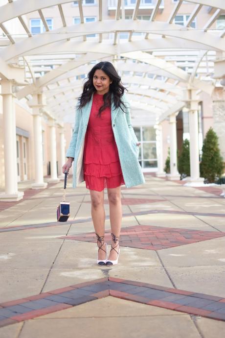 how to wear red in winter, ice blur coat, red lace dress , mini dress, valentines outfit, feminine, street style, fashion, dc blogger, wavy beachy dress, date night casual, dressy, myriad musings