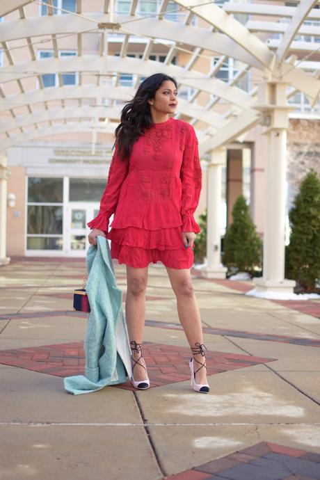 how to wear red in winter, ice blur coat, red lace dress , mini dress, valentines outfit, feminine, street style, fashion, dc blogger, wavy beachy dress, date night casual, dressy, myriad musings