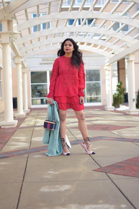 how to wear red in winter, ice blur coat, red lace dress , mini dress, valentines outfit, feminine, street style, fashion, dc blogger, wavy beachy dress, date night casual, dressy, myriad musings