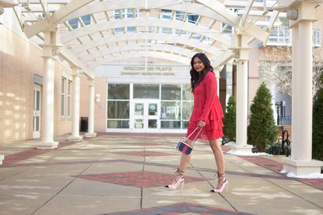 how to wear red in winter, ice blur coat, red lace dress , mini dress, valentines outfit, feminine, street style, fashion, dc blogger, wavy beachy dress, date night casual, dressy, myriad musings