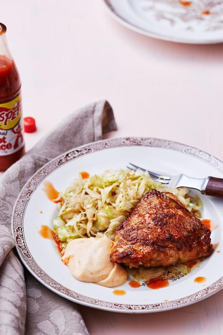 Buffalo chicken with paprika mayo and butter-fried cabbage