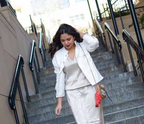 leota metallic dress, valentines outfit, golden godess look, maxi dress, fashion, wavy hair, dress with sneakers, dress over jeans, recyle outfit , myriad musings