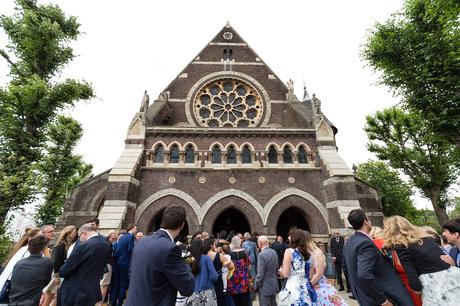 St. Stephens Hampstead Wedding exterior of building with guests mingling