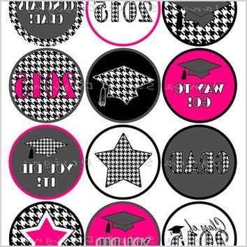 graduation printable cupcake toppers or tags houndstooth 2015 grad black and white with hot pink diy printable instant download