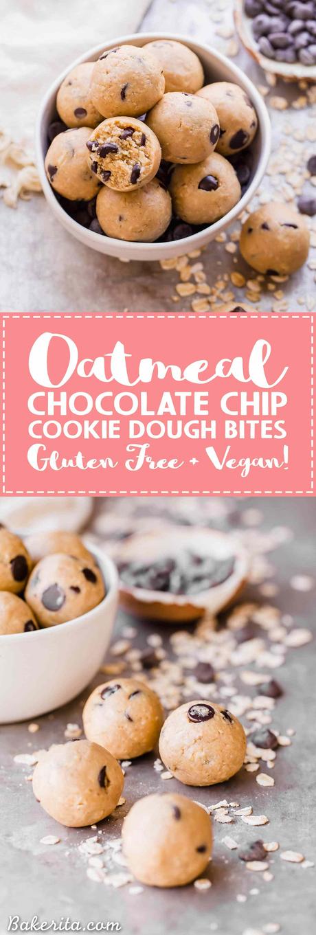 Oatmeal Chocolate Chip Cookie Dough Bites: Gluten Free & Vegan. Stacked in a bowl with oats and chocolate chips. Has text overlay.