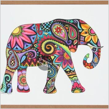 original watercolor ink elephant painting art 9x12 elephant colorful paint and ink wall art summer boho hippie drawing hand painted flower
