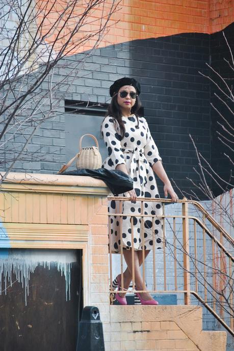 how to wear polka dots in winter, print on print, textured, fashion, street style, leather jacket, pink stripe heels, get out of a fashion rut, street style, beret style, myriad musings, Dainty Jewells polka dot midi dress