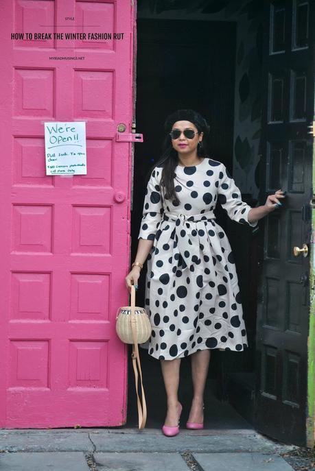 how to wear polka dots in winter, print on print, textured, fashion, street style, leather jacket, pink stripe heels, get out of a fashion rut, street style, beret style, myriad musings, Dainty Jewells polka dot midi dress